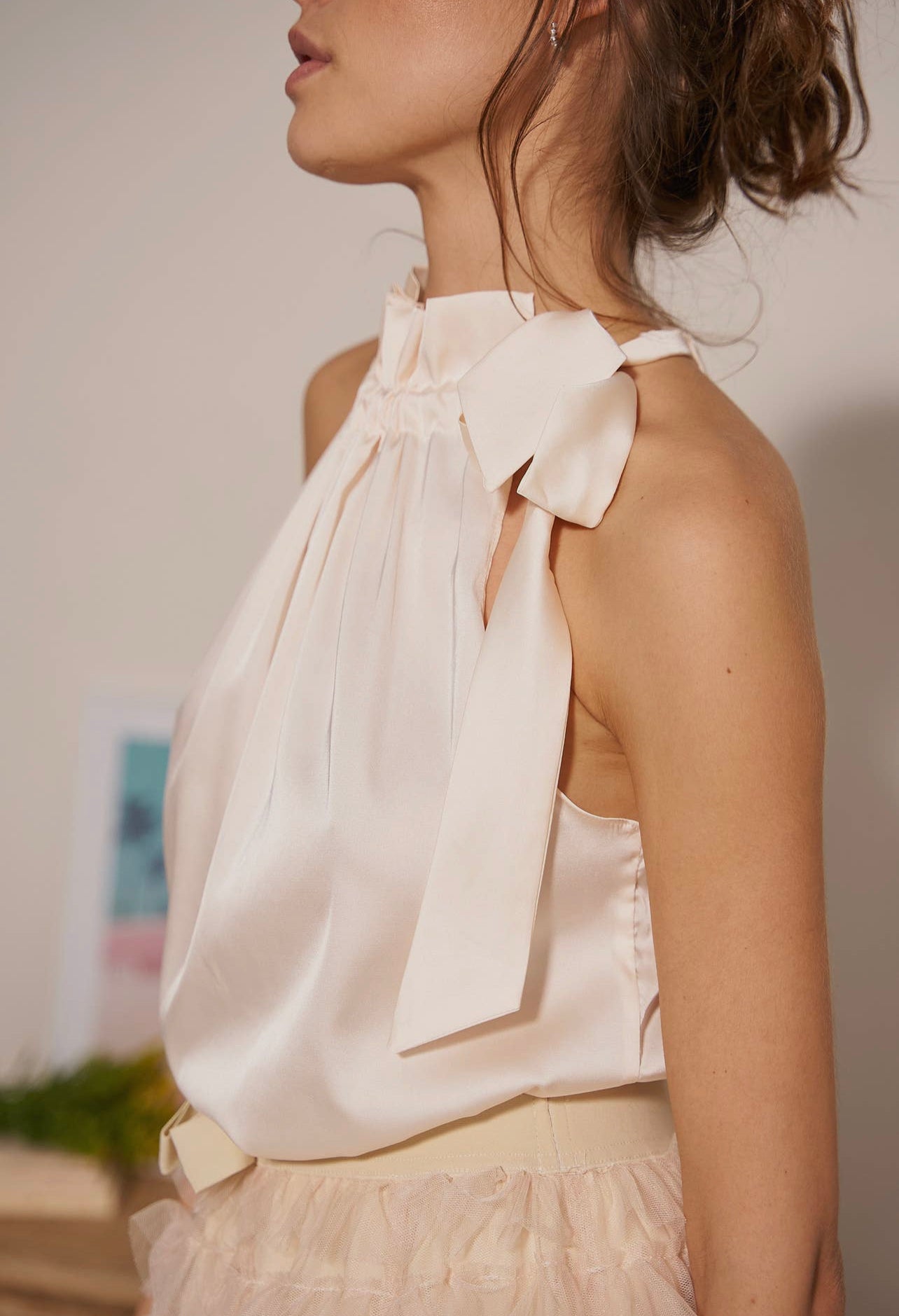 Elisabeth Satin Top with Bow On the Collar